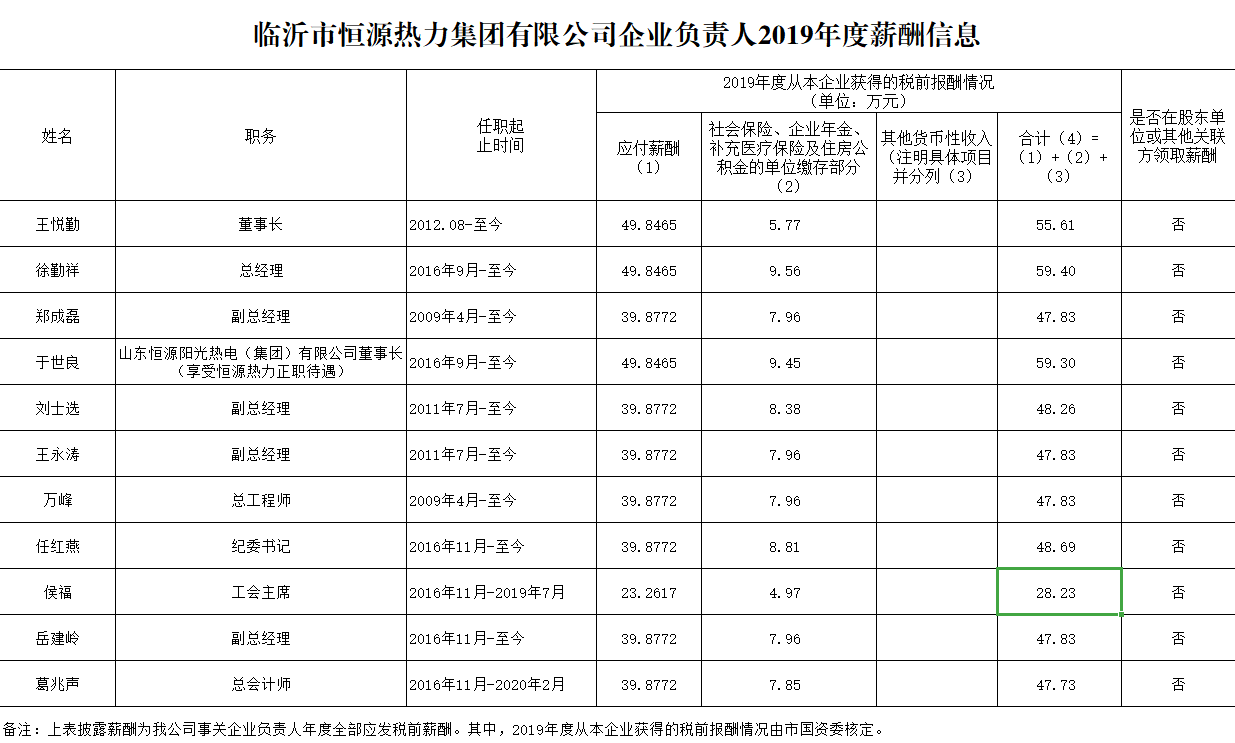 临沂市恒源热力集团有限公司企业负责人2019年度薪酬信息